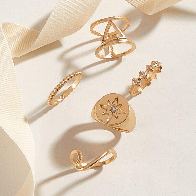 

5pcs Rhinestone Coin Ring, Gold