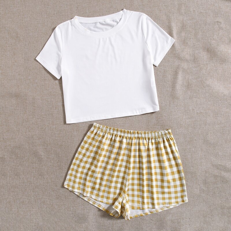 

Solid Tee & Plaid Shorts Pajama Set, Multicolor
