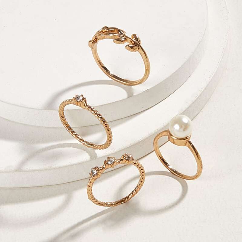 

4pcs Rhinestone & Faux Pearl Ring, Gold