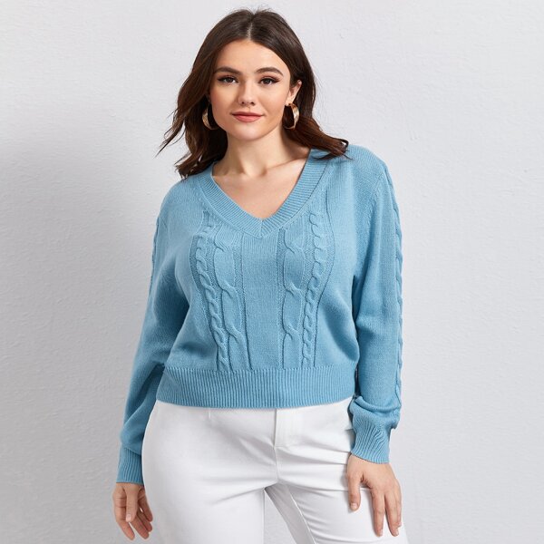 

Plus V-neck Cable Knit Sweater, Blue