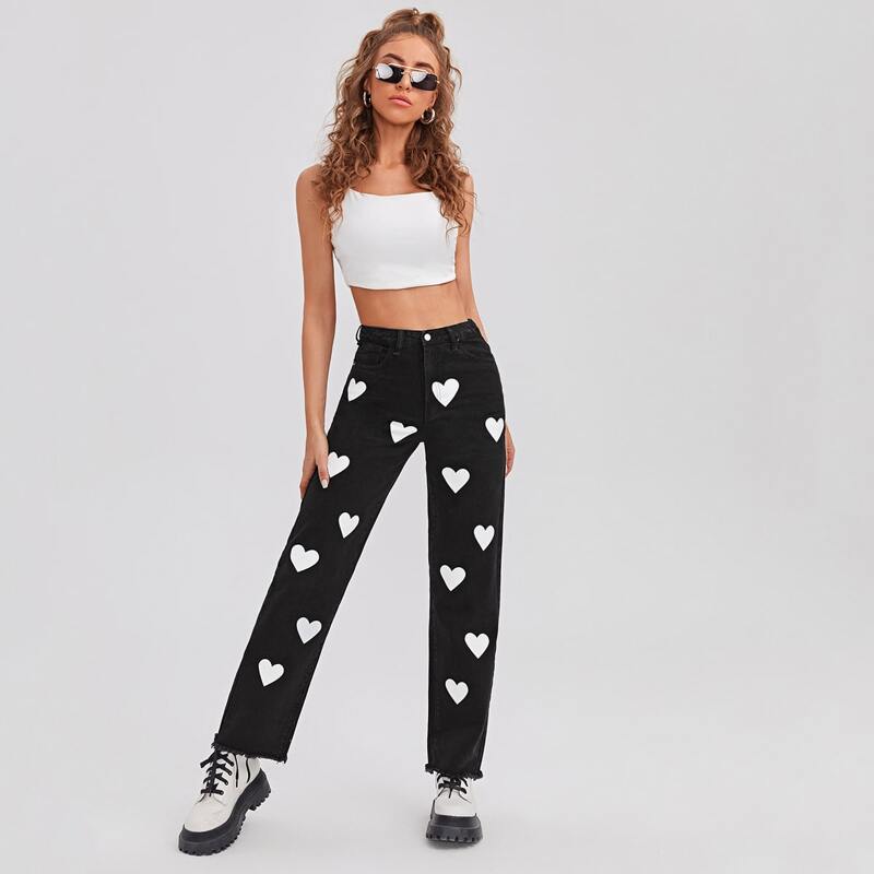 

High Waist Heart Print Raw Hem Jeans, Black
