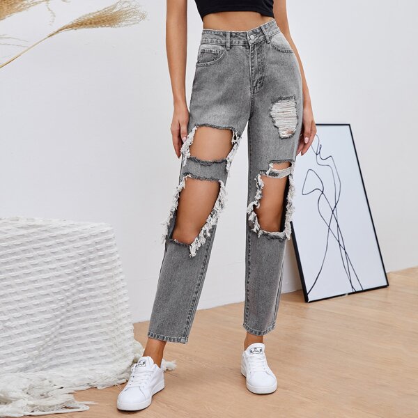 

Distressed High-Rise Mom Jeans, Grey