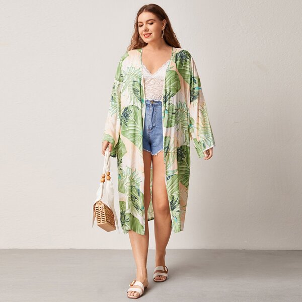 

Plus Tropical Print Self Tie Kimono, Multicolor