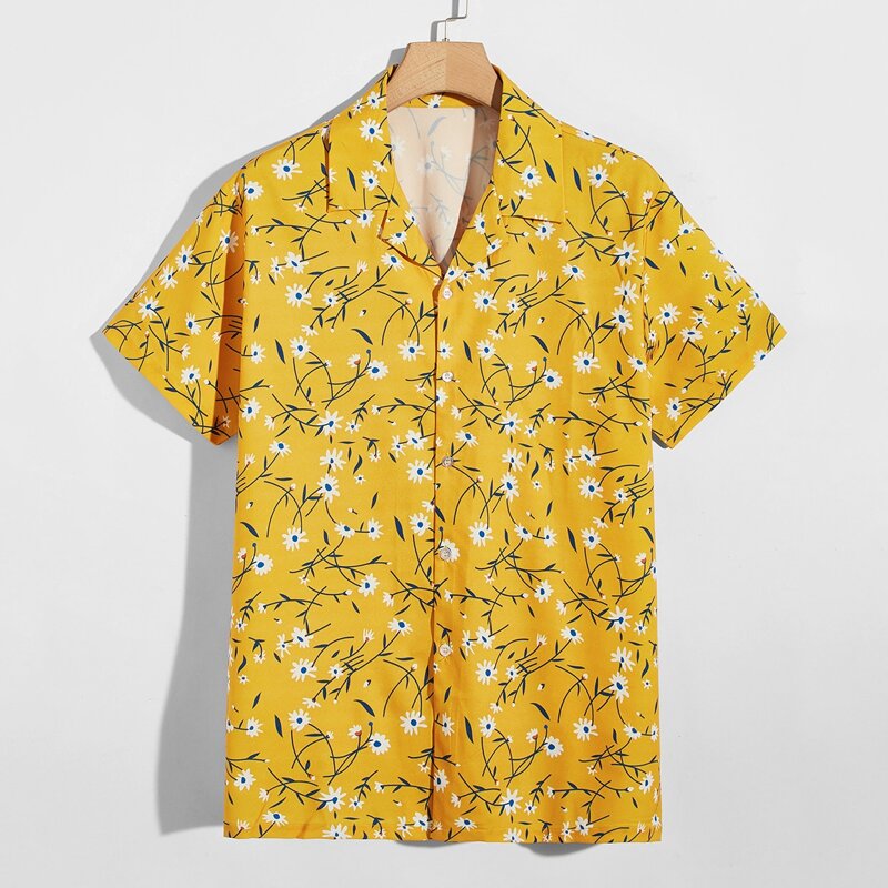 

Guys Floral Print Button Up Shirt, Yellow