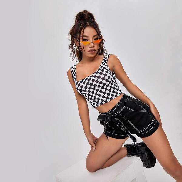 

High Waist Belted Denim Shorts, Black