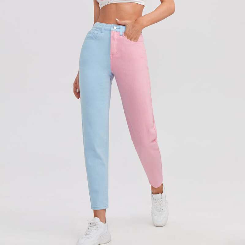 

High Waist Color Block Cropped Jeans, Multicolor
