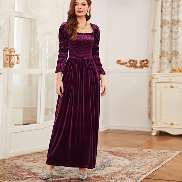 

Square Neck Shirred Puff Sleeve Velvet Dress, Purple