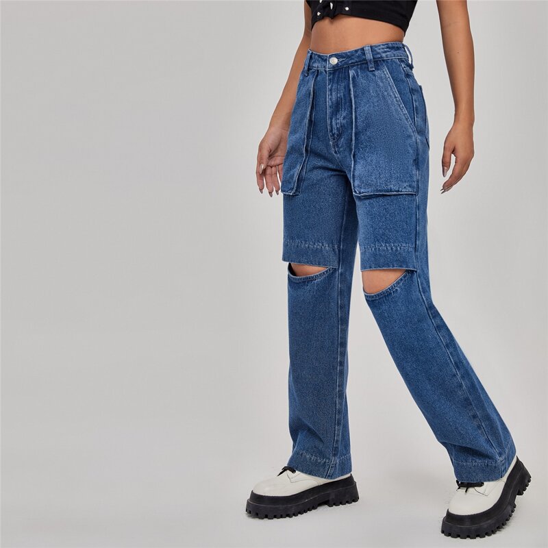 

High Waist Cut Out Detail Jeans, Medium wash
