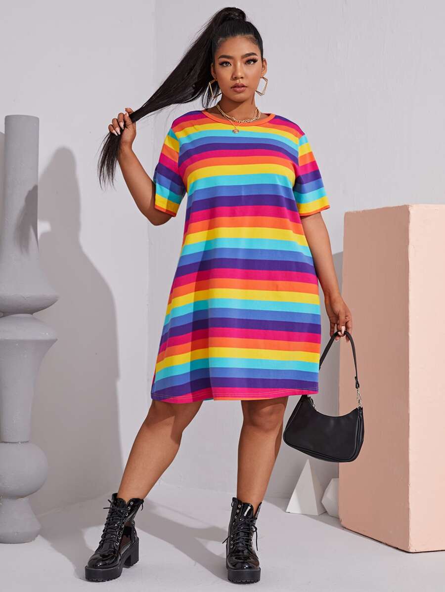 SHEIN EZwear Vestido De Rayas De Arco Iris Para Tallas Grandes - Multicolor - Ver 1