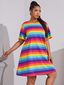 SHEIN EZwear Vestido De Rayas De Arco Iris Para Tallas Grandes - Multicolor - Ver 4