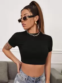 SHEIN EZwear Mock Neck Crop Tee - Black - View 1