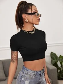 SHEIN EZwear Mock Neck Crop Tee - Black - View 3