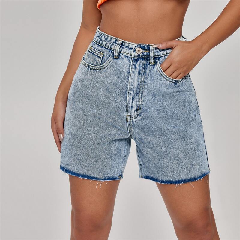 

High Waist Raw Hem Denim Shorts, Light wash