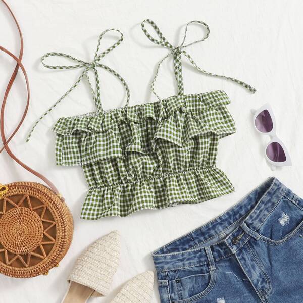 

Gingham Ruffle Hem Cami Top, Green