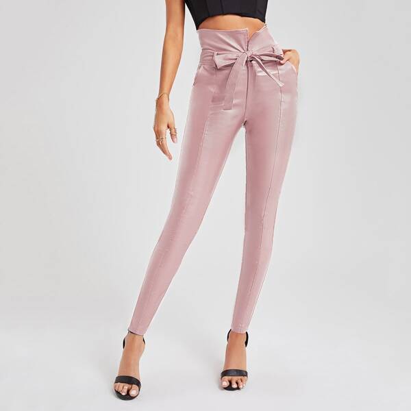 

High-Waisted Self Tie Skinny Jeans, Baby pink
