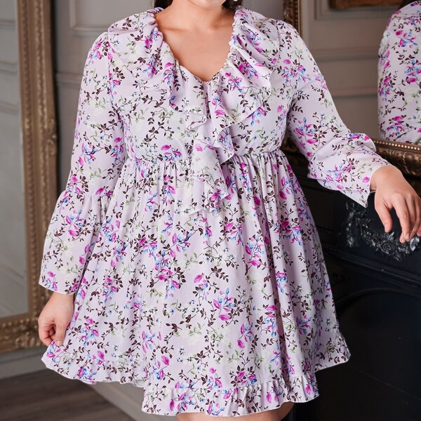 

Plus Floral Print Ruffle Trimed A-line Dress, Multicolor
