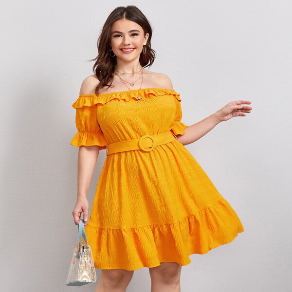 

Plus Ruffle Off Shoulder Buckle Belted Crinkle Dress, Mustard yellow
