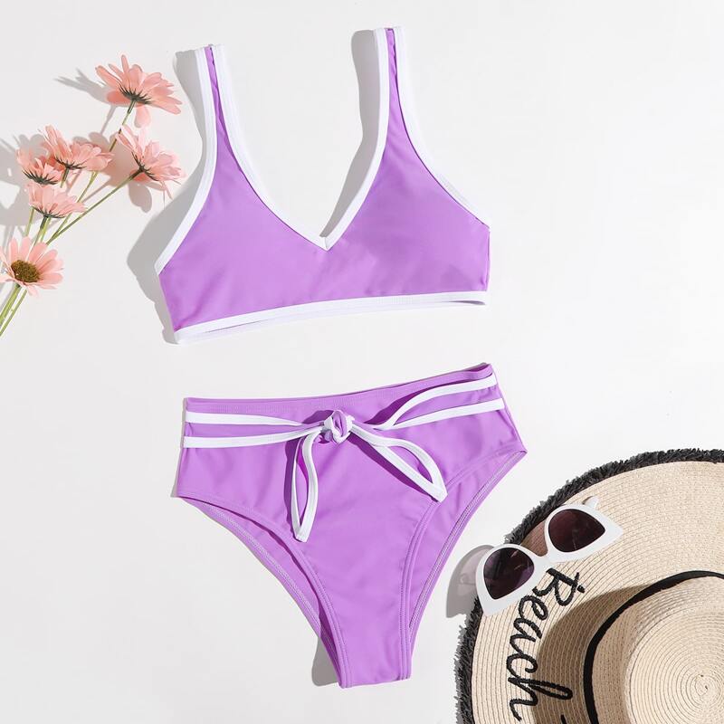 

Contrast Binding Knot Decor Bikini Swimsuit, Purple