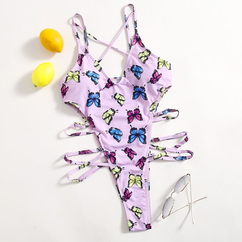 

Butterfly Print Ladder Cut-out One Piece Swimsuit, Purple