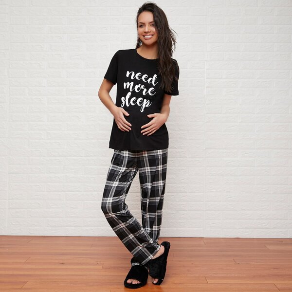 

Maternity Letter Graphic Top & Tartan Pants PJ Set, Black