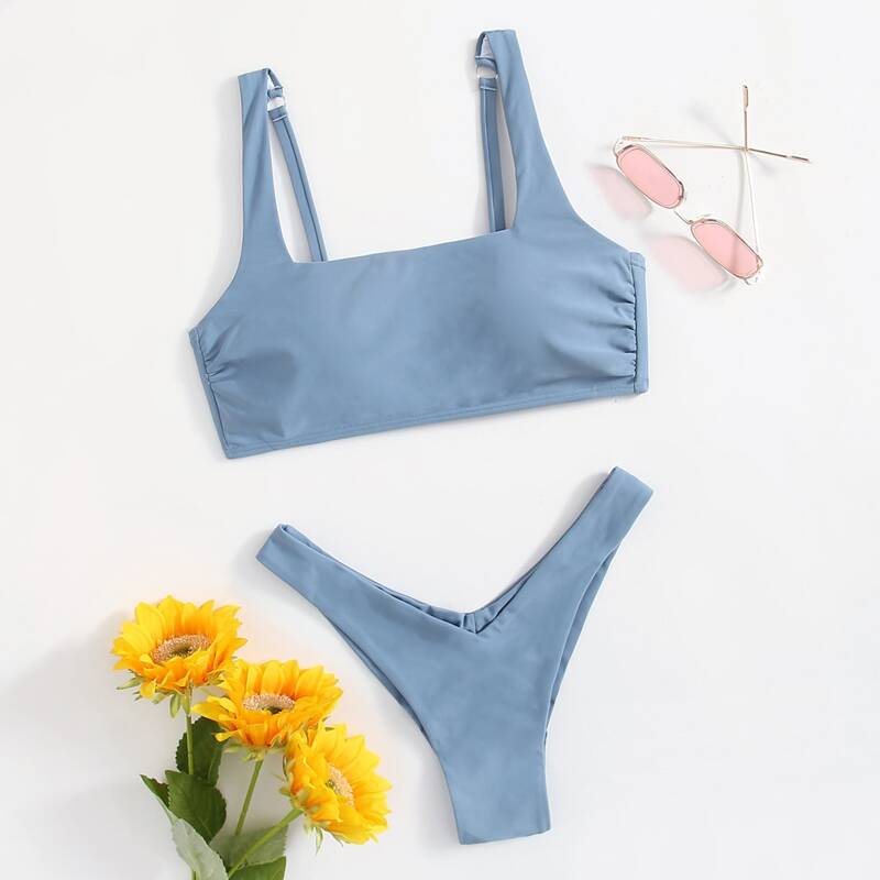 

Solid High Leg Bikini Swimsuit, Blue