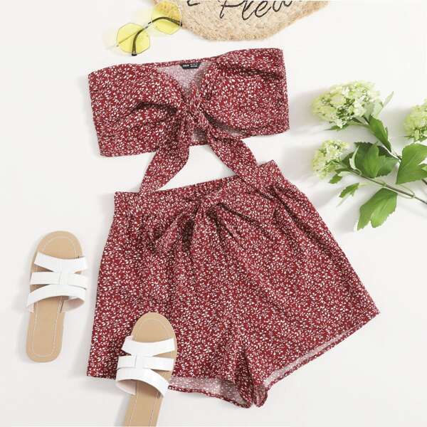 

Allover Print Tie Front Crop Tube Top & Shorts Set, Red and white