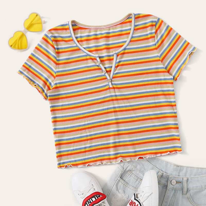 

Striped Notched Lettuce Trim Crop Tee, Multicolor