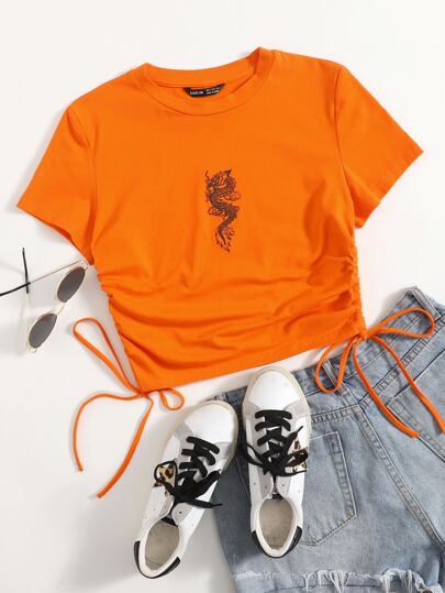 SHEIN EZwear Neon Orange Dragon Graphic Drawstring Side Tee
