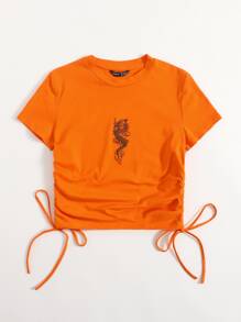 SHEIN EZwear Neon Orange Dragon Graphic Drawstring Side Tee - Orange - View 3