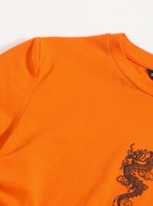 SHEIN EZwear Neon Orange Dragon Graphic Drawstring Side Tee - Orange - View 5
