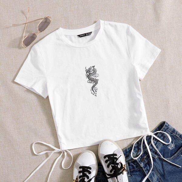 

Chinese Dragon Print Drawstring Side Tee, White