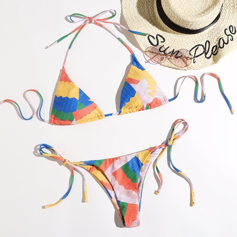 

Geometric Triangle Tie Side Bikini Swimsuit, Multicolor