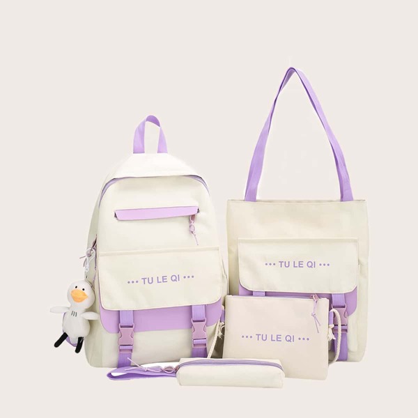 

4pcs Girls Cartoon Charm Backpack Set, Beige