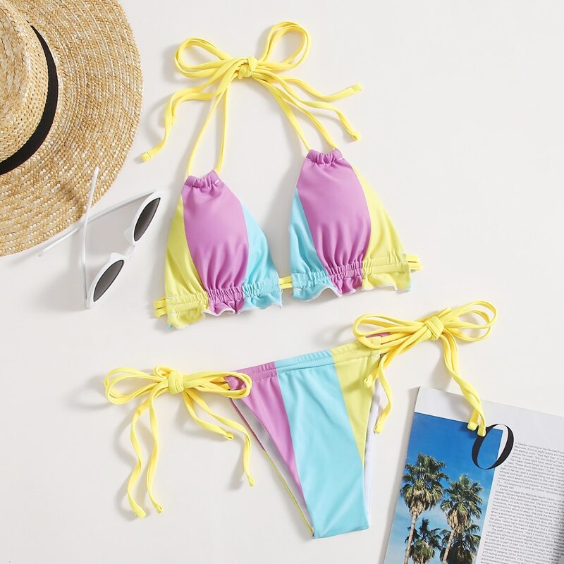 

Colorblock Frill Trim Bikini Swimsuit, Multicolor
