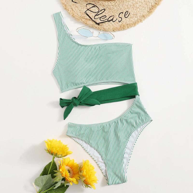 

Stripe Tie Side Cut-out One Piece Swimsuit, Green