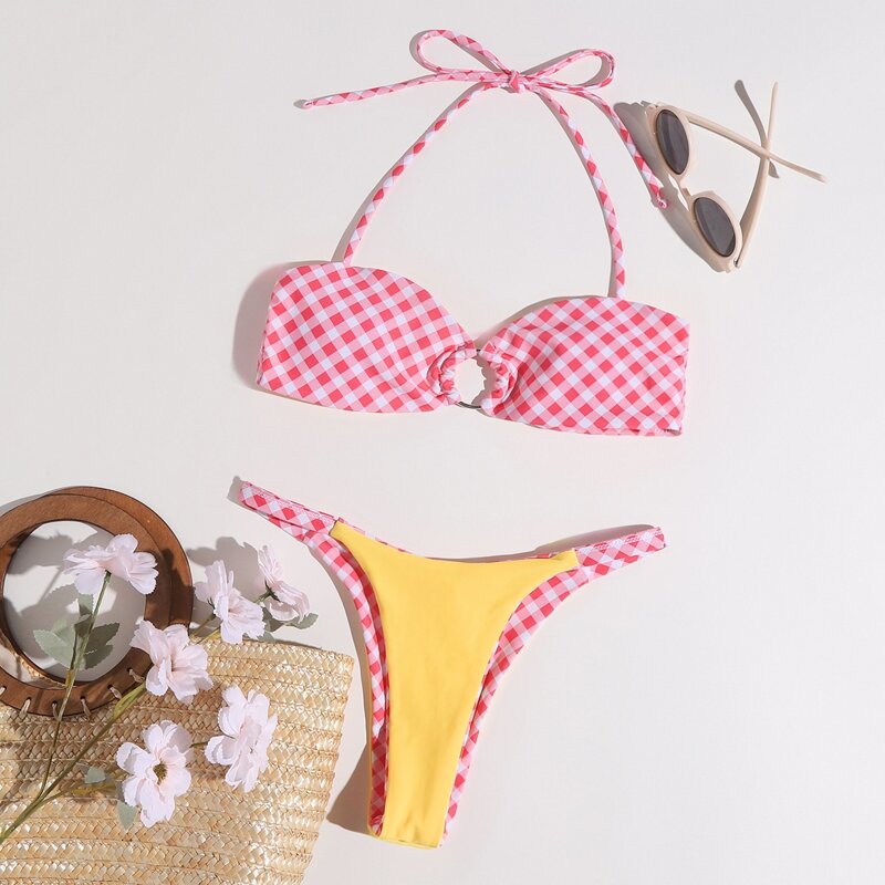

Gingham Ring Decor Bikini Swimsuit, Multicolor
