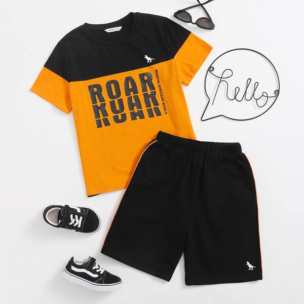 

Boys Dinosaur and Letter Print Colorblock Top & Track Shorts Set, Multicolor