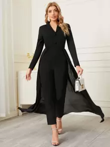 Seusyu 翻領素色襯衫連身長褲帶半身裙