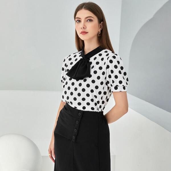 

Polka Dot Puff Sleeve Bow Front Blouse, Black and white