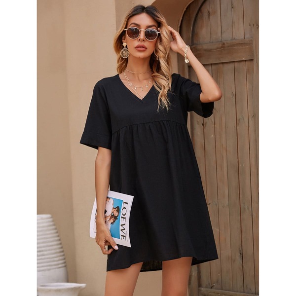 

Solid V Neck Smock Dress, Black
