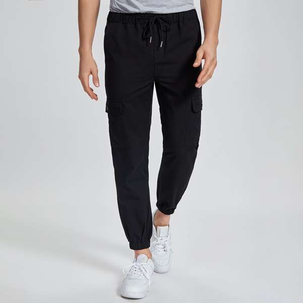 

Men Drawstring Waist Pocket Cargo Pants, Black