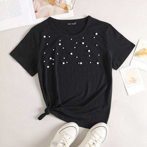 

Pearl Beaded Round Neck Tee, Black