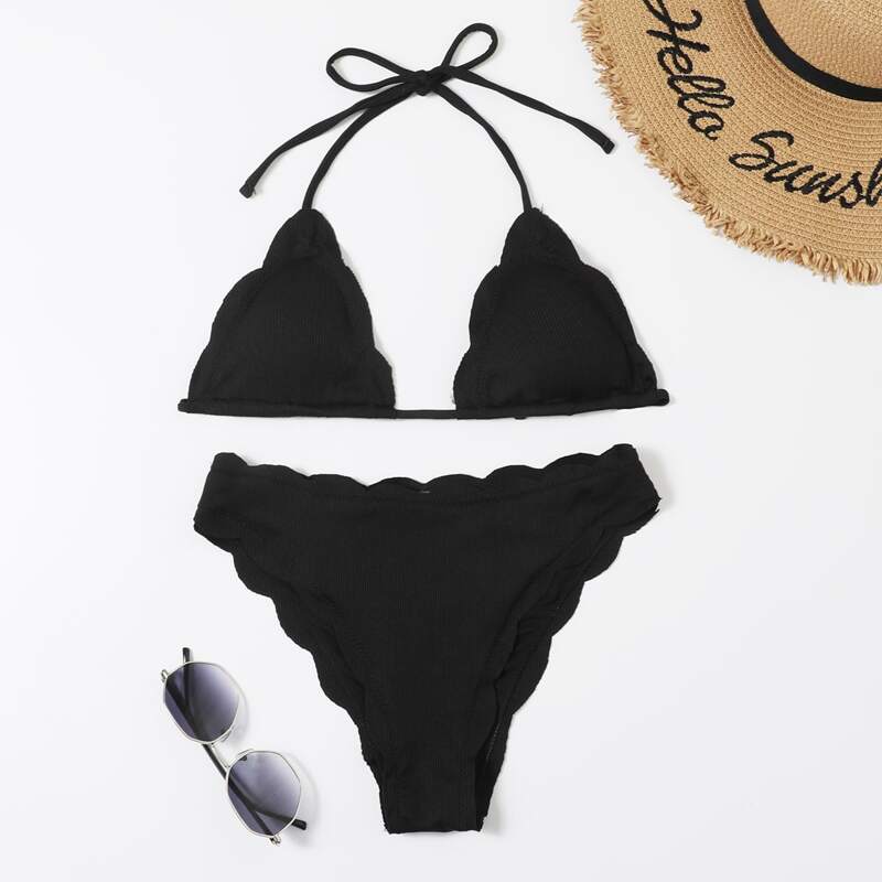 

Scallop Trim Halter Bikini Swimsuit, Black