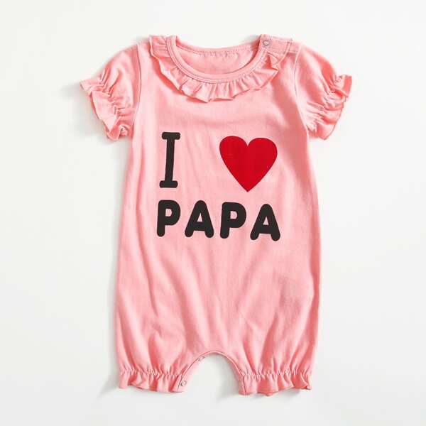 

Baby Girl Slogan Graphic Ruffle Trim Romper, Coral pink