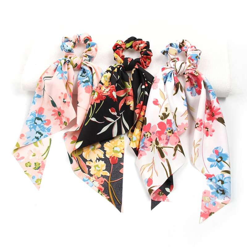 

3pcs Floral Print Scarf Hair Tie, Multicolor