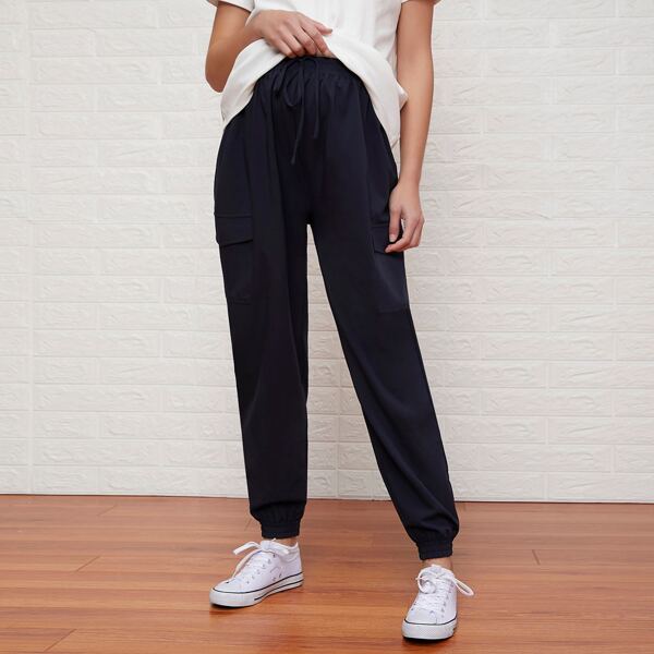 

Maternity Knot Elastic Waist Flap Pocket Pants, Navy blue