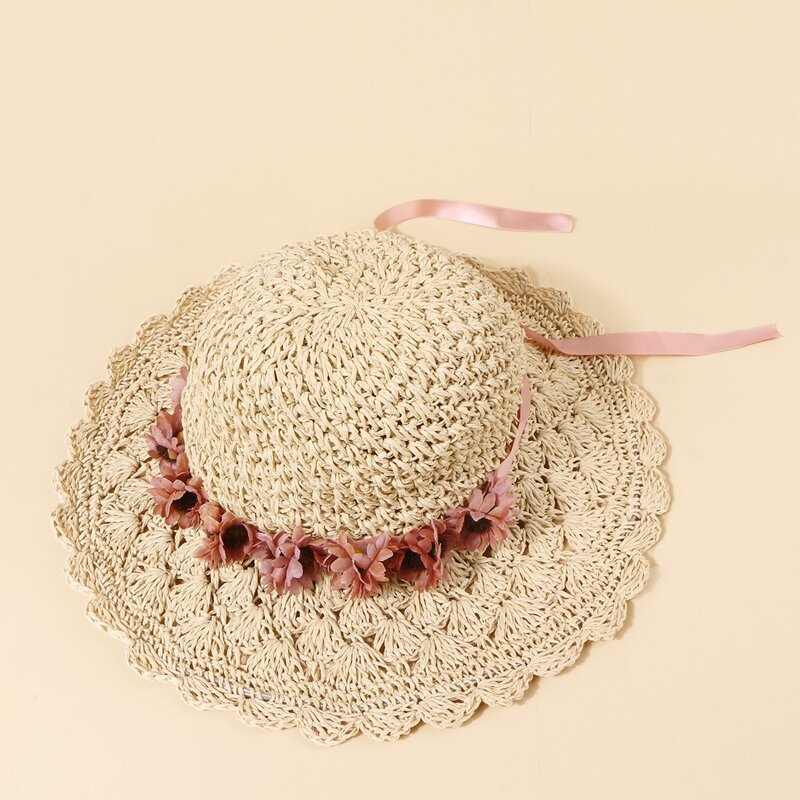 

Flower Decor Straw Hat, Beige