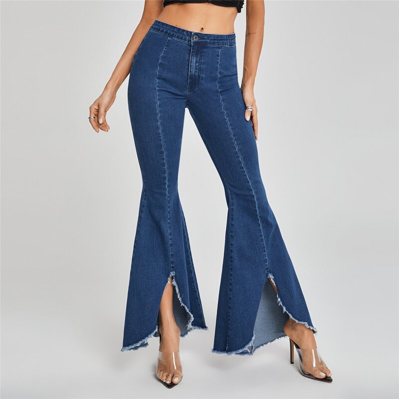 

Raw Hem Flare Leg Jeans, Dark wash