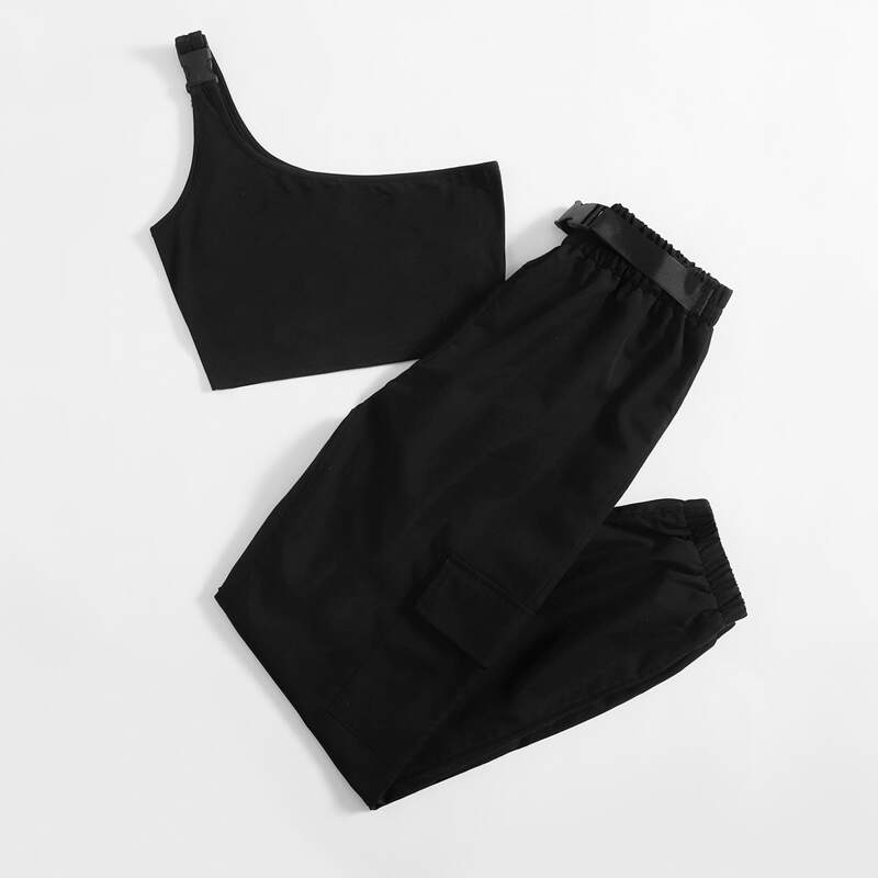 

One Shoulder Crop Top & Cargo Joggers, Black
