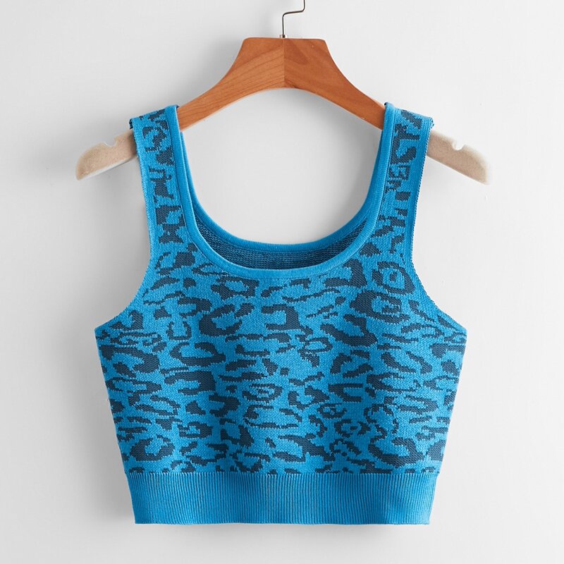 

Leopard Pattern Crop Knit Tank Top, Blue